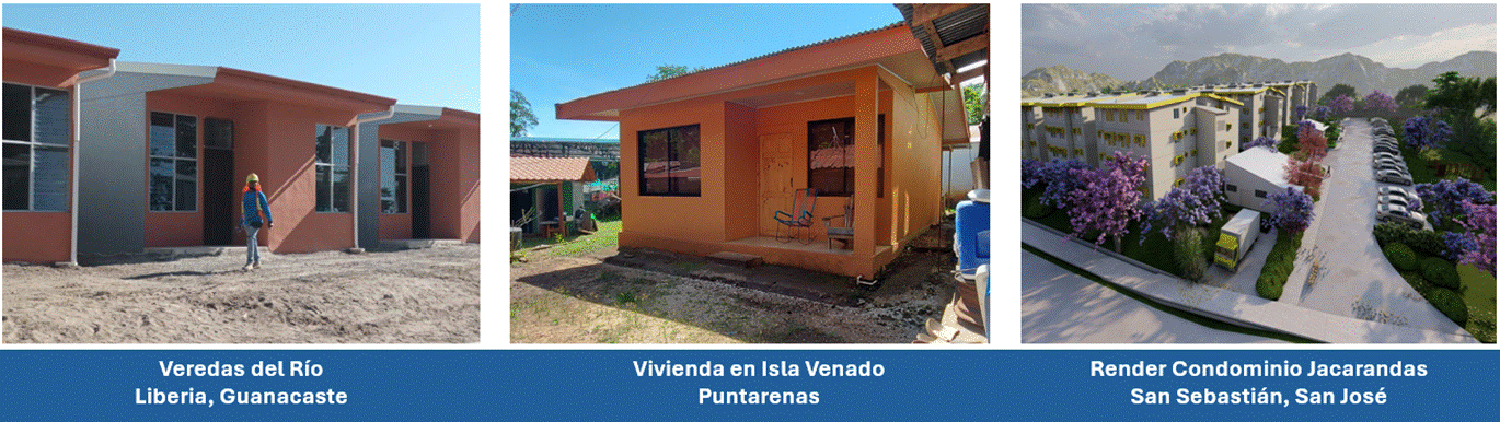 Fotografías de la Urbanización Veredas del Río en Liberia, Casa en Isla Venado, Puntarenas y Render del Condominio Jacarandas, San Sebastián, San José.